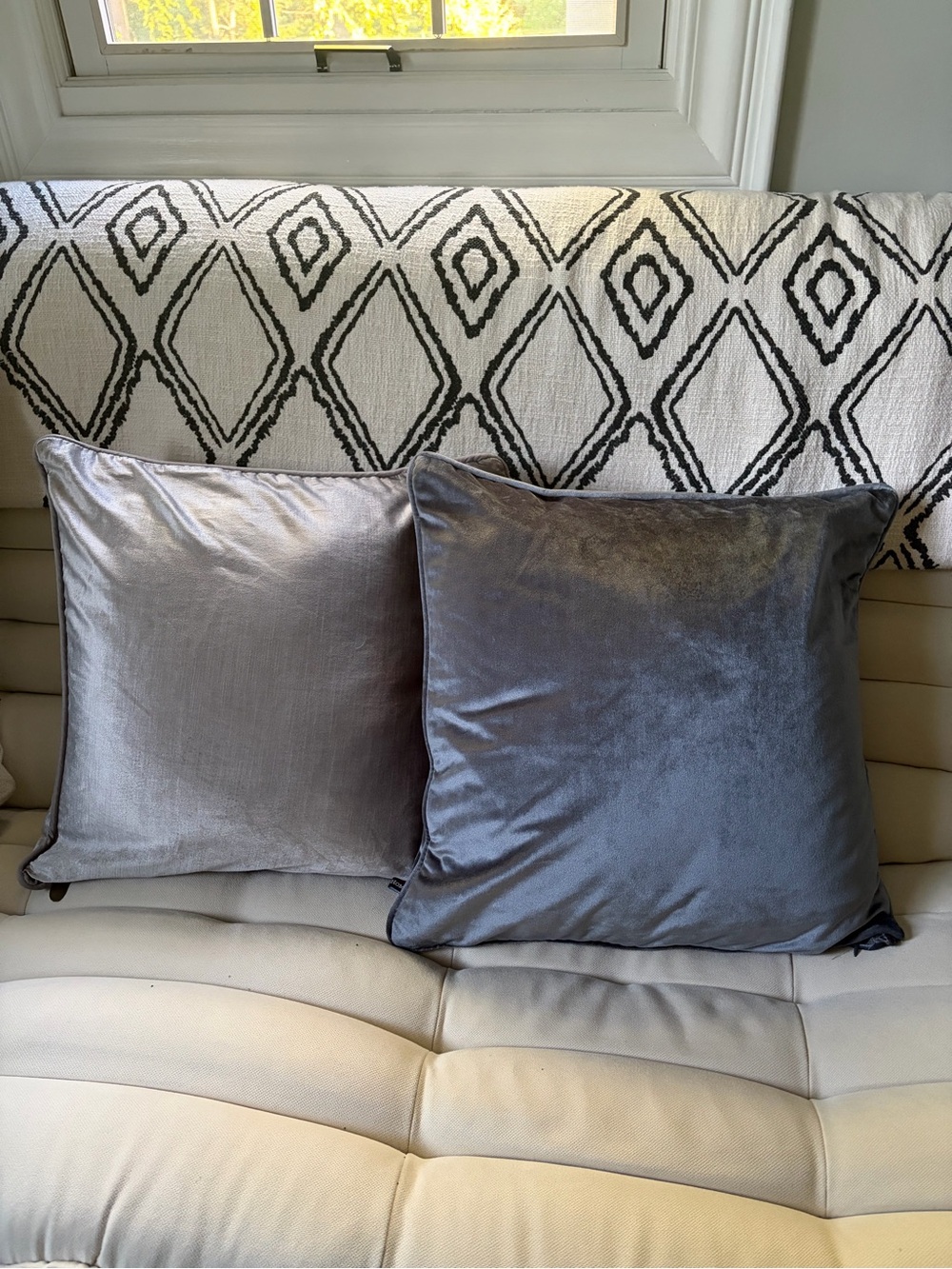 Set of 2 Gray Silver Velvet Square Throw Pillows - Covers Only